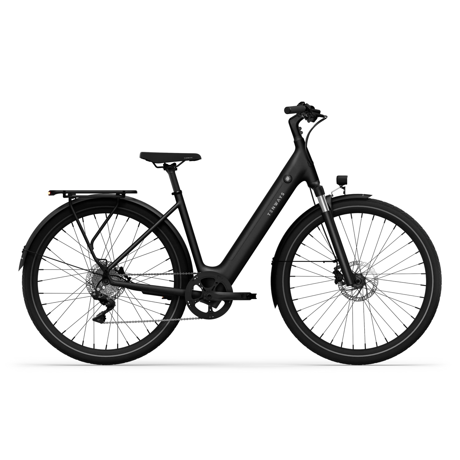 TENWAYS CGO800S electric commuter bike in matte black, step-through frame with rear rack, side view