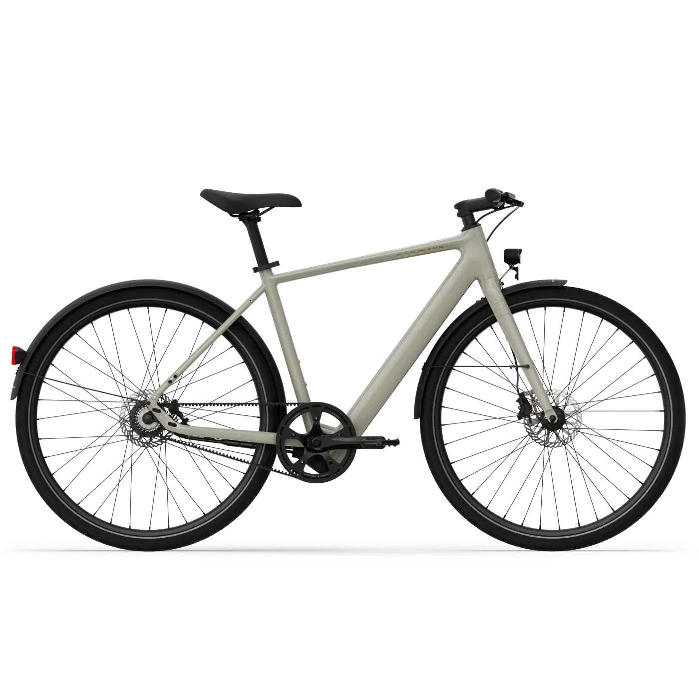 TENWAYS CGO600 electric city bike in sage green, side view, with belt drive and mudguards
