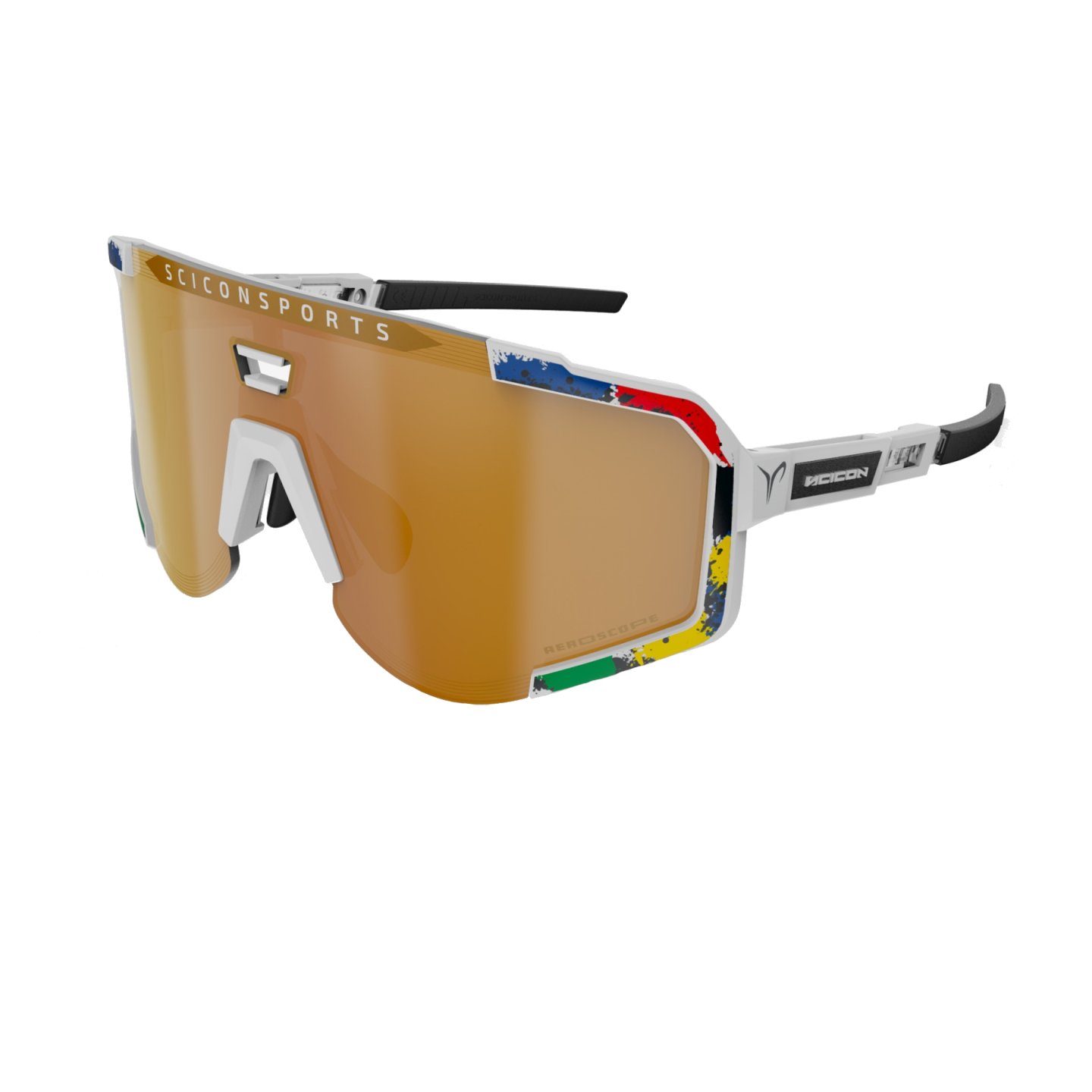 White Scicon Aeroscope sunglasses with bronze mirror lens and world-champion rainbow details