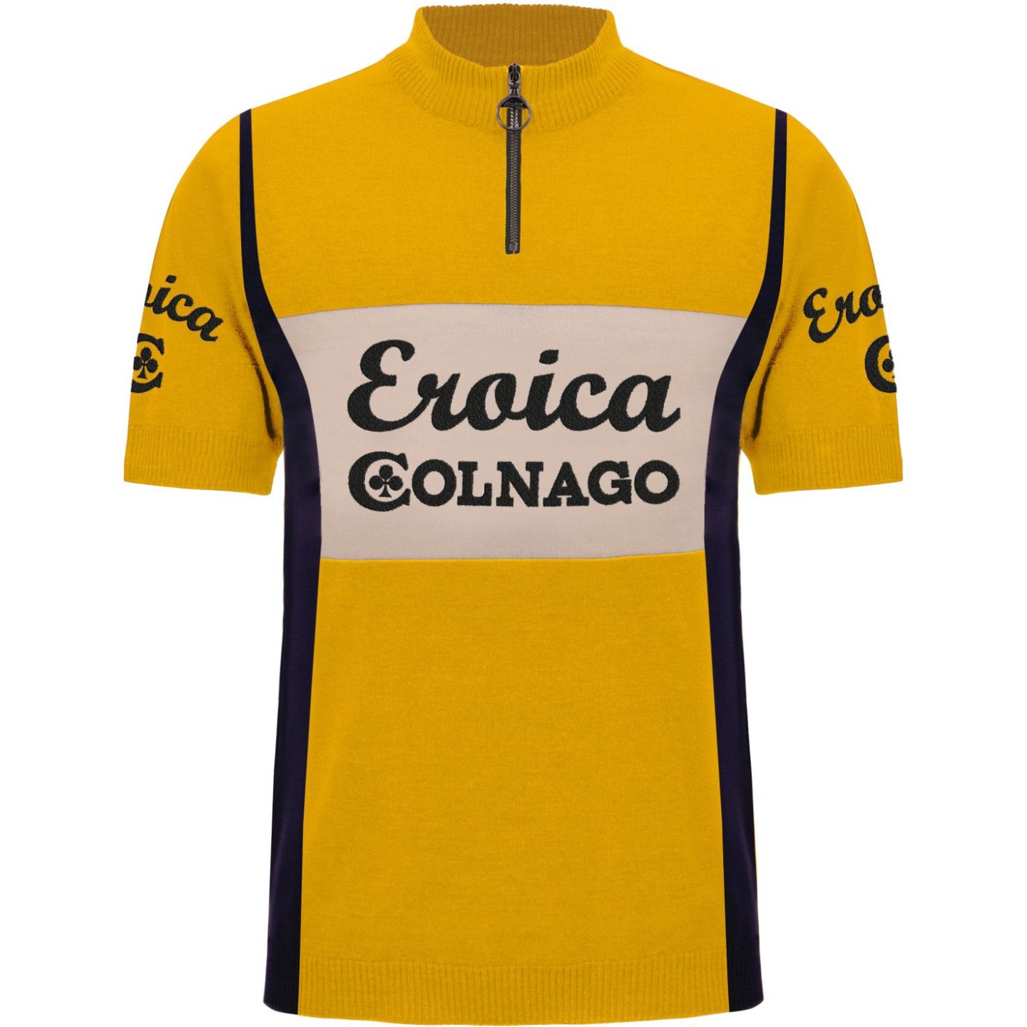 Yellow wool cycling jersey with Colnago chest lettering and Eroica crest